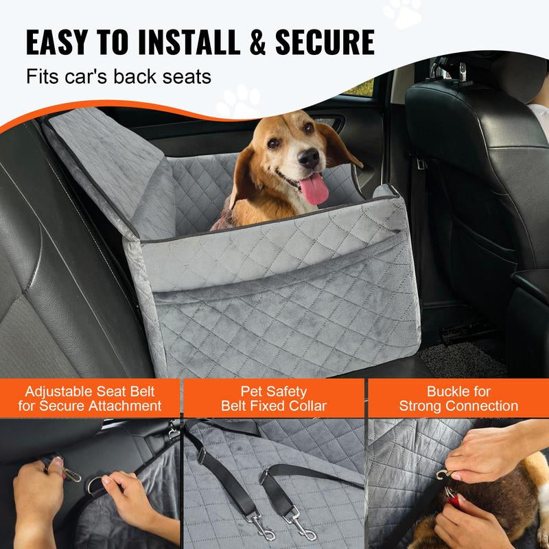 VEVOR Dog Car Seat, Dog Booster Seat for Car with a Storage Pocket, Pet Car Seat with Clip-On Safety Leash, Sponge Filling, Dog Car Bed for Medium & Large Dog up to 55 Lbs, Gray