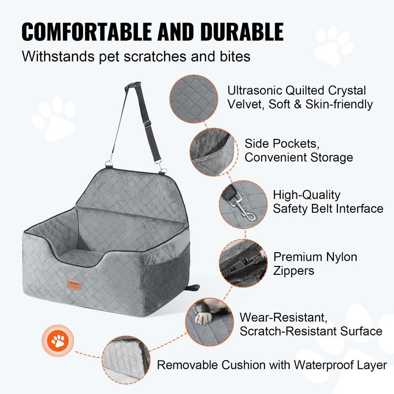 VEVOR Dog Car Seat, Dog Booster Seat for Car with a Storage Pocket, Pet Car Seat with Clip-On Safety Leash, Sponge Filling, Dog Car Bed for Medium & Large Dog up to 55 Lbs, Gray