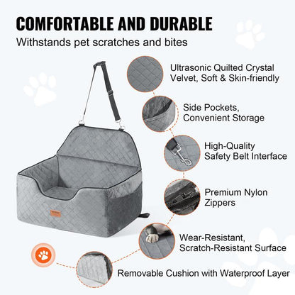 VEVOR Dog Car Seat, Dog Booster Seat for Car with a Storage Pocket, Pet Car Seat with Clip-On Safety Leash, Sponge Filling, Dog Car Bed for Medium & Large Dog up to 55 Lbs, Gray